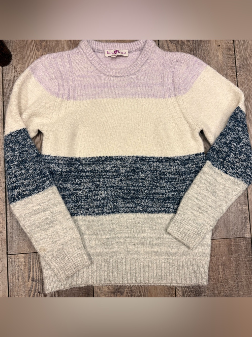 Bella & Birdie Kids 10/12Y Colorblock Crewneck Sweater Cream, Navy & Lavender